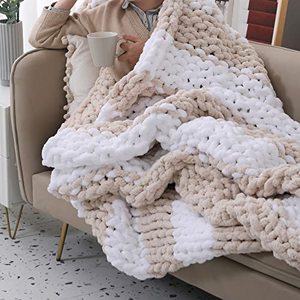 lot 24352 image: SUNYRISY Chunky Knit Blanket, Luxury Soft Cozy Chenille Throw Blanket, Large Throw Knitted Blanket for Couch, Sofa, Bed, Home Decor,Gift - Machine Washable (White & Beige, 40x48 in)
