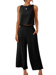 lot 24355 image: ANRABESS Womens Summer 2 Piece Outfits Sleeveless Tank Crop Button Back Top Cropped Wide Leg Pants Set Matching Lounge Set 2023 Summer Clothes 546heise-L