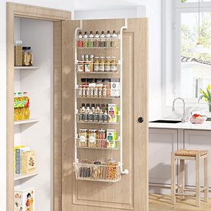 lot 24486 image: 1Easylife 6-Tier Over the Door Pantry Organizer, Metal Pantry Organization and Storage with 6 Baskets, Heavy-Duty Back of Door Spice Rack for Kitchen (5x4.721x5.9 Width Baskets, Cream White)  unsure if used 