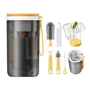 lot 24494 image: YOTIME Travel Baby Bottle Brush Set with Portable Silicone Bottle Brush, Nipple Cleaner Brush, Straw Brush, Soap Dispenser and Bottle Drying Rack, Yellow