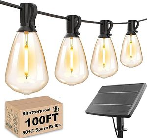lot 24497 image: Svater Solar String Lights Outdoor, 100FT ST38 Patio Lights with 52 Shatterproof LED Bulbs(2 Spare), Waterproof Plastic Solar Powered Hanging Lights String for Outside Backyard, Garden, Pergola  unable to test 