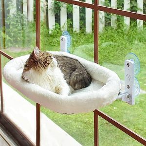 lot 24515 image: AMOSIJOY Cordless Cat Window Perch, Cat Hammock for Window with 4 Strong Suction Cups, Solid Metal Frame and Soft Cover, Foldable Cat Beds for Indoor Cats