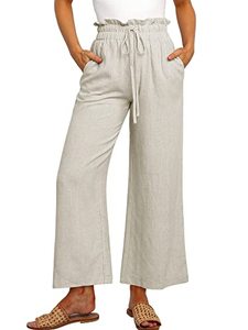 lot 24525 image: ANRABESS Womens Linen Pants Casual Loose High Waist Drawstring Wide Leg Capri Palazzo Lounge Pants Cropped Trousers for Summer 939maxing-L Beige  unsure if used 