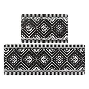 lot 24538 image: Jabogrii Anti Fatigue Kitchen Rugs Set Black Boho Cushioned Non Slip Kitchen Mats PVC Waterproof Kitchen Runner Rug Comfort Standing Mats for Floor Sink Laundry 17X4817X28