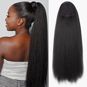 lot 24566 image: WIGNEE 28 Inches Kinky Straight Ponytail Extension Synthetic Drawstring Ponytail For Black Women Yaki Pony Tails Hair Extensions (28 Inches)