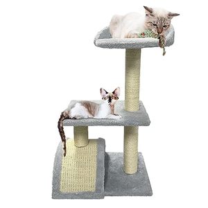 lot 24571 image: ATCHSAMA Cat Tree Tower, 27.6 Inch Cute Cat Tower with Sisal Scratching Posts and Pads for Indoor Cats with Cozy Perch Cat Furniture Activity Hammock for Kittens Adult Cat, Grey
