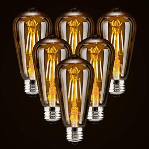 lot 24573 image: LED Dimmable Edison Light Bulbs 4W, 2200K-2400K Warm White (Amber Glass) ST64, E26 Base Pack of 6