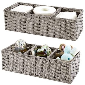 lot 24578 image: Vagusicc 3-Section Wicker Storage Basket, Hand-Woven Paper Rope Small Wicker Baskets for Organizing, Toilet Paper Basket for Toilet Tank Top, Woven Baskets for Storage, 2-Pack, Grey