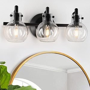 lot 24589 image: FOLKSMATE Bathroom Vanity Light Fixtures, Modern 3 Lights Wall Sconce Lighting Matte Black, Farmhouse Metal Wall Lamp with Globe Glass Shade, Porch Wall Mount Light Fixture for Mirror Cabinets