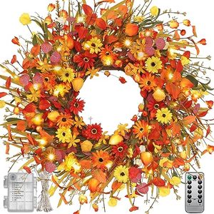 lot 24590 image: 24 Inch Fall Wreaths for Front Door, Fall Door Wreath with Timer, Orange Autumn Wreath, Mini Pumpkin & Daisy Flowers Wreath, Fall Decorations for Home Outdoor Indoor Thanksgiving Party Farmhouse Wall