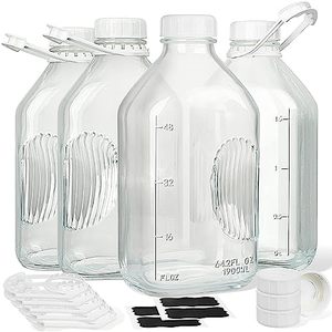 lot 24593 image: 4 Pack 2 Qt Glass Milk Bottles with Airtight Reusable SCREW LID - 64 Oz Glass Juice Bottles, 12 Gal Glass Water Bottles, Glass Milk Jug Pitcher with 2 Exact Scale Line, Extra Free 4 Lid and 8 Handle
