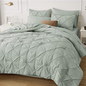 lot 24594 image: Bedsure Green Comforter Set Queen - Bed in a Bag Queen 7 Pieces, Pintuck Beddding Sets Green Bed Set, Spring Bedding with Comforter, Sheets, Pillowcases & Shams  number of pieces not confirmed 