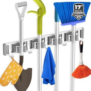 lot 24597 image: reliahom Broom Holder Mop Hanger Wall Mount Metal Organization Garage Storage System Garden Kitchen Tool Organizer (4 Racks with 5 Hooks, Silver)�