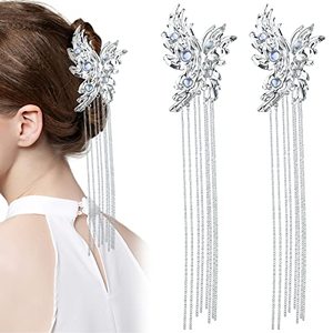lot 24607 image: 2 Pcs Silver Butterfly Tassel Hair Claw Clips Vintage Crystal Claws Non-Slip Hair Clamps Alloy Fancy Hair Claw Jaw Clips Hair Updo Grip Hair Accessories for Women Girls