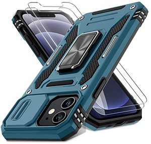 lot 24616 image: DEERLAMN for iPhone 12 Case,iPhone 12 Pro Case with Slide Camera CoverScreen Protector(2 Packs),Rotated Ring Kickstand Military Grade Shockproof Protective Cover-Light Blue