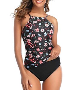 lot 24623 image: Tempt Me Women Pink Floral Two Piece High Neck Tankini Top Tummy Control Swimsuit with Bottom 2 Piece Bathing Suit S