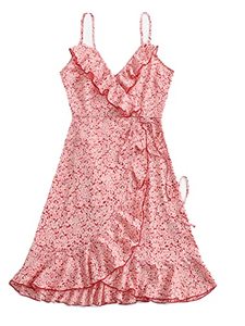 lot 24628 image: Romwe Womens Boho Floral Sundress Spaghetti Strap V Neck Ruffle Tie Knot Wrap Cami Dress Ditsy Floral Print Red S