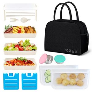 lot 24635 image: KUBYA Bento Lunch Box Set,Stackable Lunch Container Leak-Proof 3-In-1 Compartment With Ice Packs, Reusable Lunch Bag, Food Bags, Sauce Cups, Lunch Box Microwave Freezer Safeblack