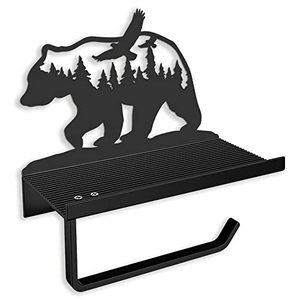 lot 24639 image: Bear Toilet Paper Holder with ShelfRustic Cabin Bathroom Decor, Farmhouse Forest Theme Kitchen Bathroom Decor, Black (A)