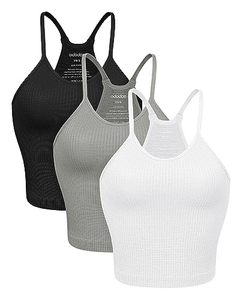 lot 24641 image: ODODOS Womens Crop 3-Pack Waffle Knit Seamless Camisole Crop Tank Tops, Waist Length, WhiteGrayBlack, X-SmallSmall