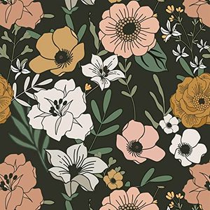 lot 24643 image: Abyssaly Vintage Large Floral Peel and Stick Wallpaper Boho, Retro Removable Flower Contact Paper for Bathroom, DarkSandGreen Vinyl Self Adhesive Wall Paper 17.7inchesx118inches