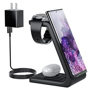 lot 24644 image: Wireless Charging Station for Samsung, Earteana 3 in 1 Wireless Stand Dock for Samsung S23S22S21S20Note 20, Galaxy Watch6543Active2Gear S3, BudsLive, 18W QC Adapter Included (Black)