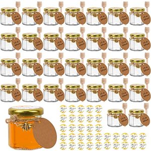 lot 24660 image: 1.5 oz Hexagon Mini Glass Honey Jars, 30 Pack 45ml Clear Canning Jars Jam Jars with Gold Lids, Wood Dipper, Bee Pendants,Twine String,Bee Stickers &Tags -Perfect for Baby Shower,Wedding Party Favors