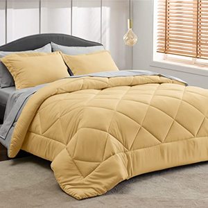 lot 24672 image: Bedsure Yellow Queen Comforter Set - 7 Pieces Reversible Queen Bed in a Bag Queen Bed Set with Comforters, Sheets, Pillowcases & Shams, Queen Bedding Sets