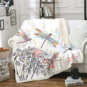 lot 24675 image: Feelyou Dragonfly Fleece Sherpa Throw Blanket Soft Cozy Fluffy Botanical Fuzzy Blanket Caring Gift for Women 50x60