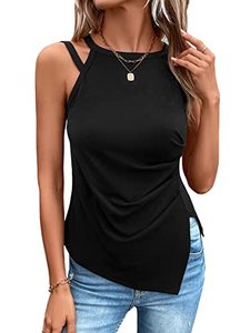 lot 24679 image: WDIRARA Womens Cut Out Ruched Split Side Sleeveless Asymmetrical Hem Halter Top Black S