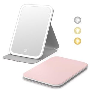 lot 24681 image: Kintion Travel Makeup Mirror, 85.4 Portable LED Lighted Makeup Mirror, 360° Rotation Touch Screen Vanity Mirror, 3-Color Dimmable Lighting, Rechargeable Tabletop Folding Cosmetic Mirror