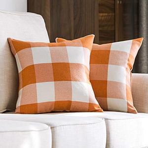 lot 24695 image: MIULEE Fall Pack of 2 Decorative Classic Farmhouse Buffalo Check Plaids Throw Pillow Covers Polyester Linen Soft Soild Orange Cushion Case for Halloween Sofa Bedroom Outdoor 18 x 18 Inch