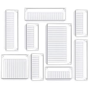 lot 24698 image: Kootek 9 Pcs Drawer Organizer 4-Size Bathroom Drawer Organizers Clear Plastic Desk Storage Bins Vanity Makeup Drawer Dividers for Jewelry Dresser Bedroom Kitchen Gadgets Office (Clear)