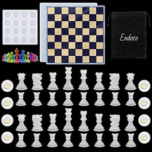 lot 24701 image: Endoto Chess Set with Checkers Board Silicone Resin Mold, 32 Pieces Full Size 3D Chess Crystal Epoxy Casting Molds for DIY Art Crafts Making, Family Party Board Games and Home Decoration