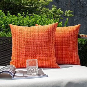 lot 24722 image: Kevin Textile Pack of 2 Decorative Outdoor Waterproof Fall Throw Pillow Covers Stripe Pillowcases Modern Autumn Decorative Cushion Cases for Patio Couch Bench 16 x 16 Inch Orange