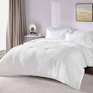 lot 24740 image: CozyLux Queen Bed in a Bag White Seersucker Comforter Set with Sheets 7-Pieces All Season Bedding Sets with Comforter, Pillow Sham, Flat Sheet, Fitted Sheet and Pillowcase
