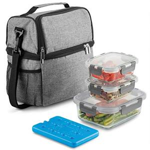 lot 24741 image: FineDine Lunch Bag with Glass Containers - Insulated Lunch Box for Women and Men - Leakproof Locking Lids & Ice Pack - 2-Compartment Cooler Tote for Work (Grey)