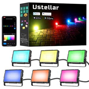 lot 24743 image: USTELLAR RGB Flood Light Outdoor, Smart WiFi RGBW Landscape LightsWarm White 2700K, 40W App Control Spotlight Works with Alexa, Color Changing Uplights Halloween Light, IP66, Plug & Play (6 Pack)