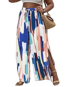 lot 24744 image: WDIRARA Womens Plus Size Printed Drawstring Waist Split Side Wide Leg Pants All Ove Multicolor 1XL