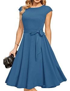 lot 24753 image: DRESSTELLS Vintage Tea Dress for Women, 1950s Cocktail Party Dresses, Modest Bridesmaid Dress for Wedding, Fit Flare Prom Dress, Casual Aline Work Dress Greyblue L