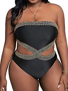 lot 24761 image: WDIRARA Womens Plus Size Colorblock Stitch Detail Swimwear Cut Out Strapless Criss Cross One Piece Swimsuit Black 1XL