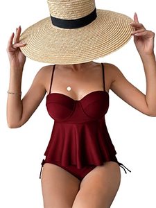 lot 24764 image: MakeMeChic Womens 2 Piece Bathing Suits Push Up Drawstring High Waisted Tankini Swimsuit Burgundy XL