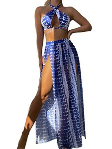 lot 24765 image: MakeMeChic Womens 3 Piece Swimsuit Tie Dye Criss Cross Halter High Cut Bikini with Cover Up Skirt Set Blue and White S