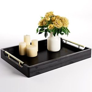 lot 24786 image: Black Coffee Table Tray 16.5 x 12 - Real Wood Ottoman Tray for Living Room - Serving Tray with Handles - Decorative Trays for Coffee Table - Decorative Tray for Ottoman - Black Tray for Coffee Table