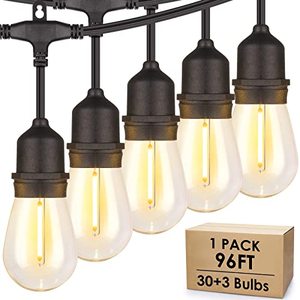 lot 24812 image: Mlambert 96FT LED Outdoor String Lights, Dimmable Waterproof Patio Lights with 303 Edison Warm White Plastic Bulbs, Shatterproof Linkable Outside Hanging Light for Backyard Porch Garden - Black Cord