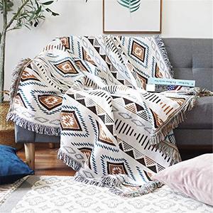 lot 24822 image: Luxlovery Aztec Throw Blankets Beige Tribal Boheiman Throws Ethnic Woven Boho Geometric White and Khaki for Couch, Bed, Oversized Chair Sofa Cover with Tassels(63x86)