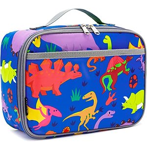 lot 24830 image: FlowFly Kids Lunch box Insulated Soft Bag Mini Cooler Back to School Thermal Meal Tote Kit for Girls, Boys, Dinosaur