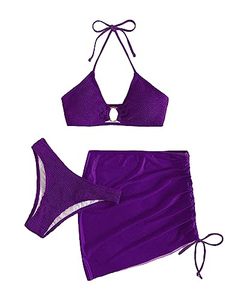 lot 24834 image: MakeMeChic Womens 3 Piece Bathing Suits Halter Ring Bikini Set with Cover Up Skirt Dark Violet M