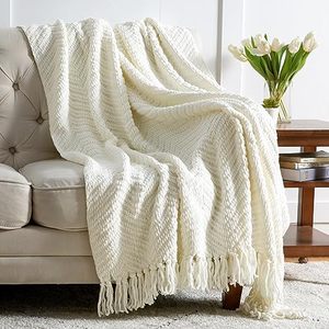 lot 24838 image: Bedsure Cream White Throw Blanket for Couch, Knit Woven Chenille Blanket Versatile for Twin Bed, 60 x 80 Inch, Super Soft Warm Decorative Ivory Blanket with Tassels for Chair, Sofa and Living Room