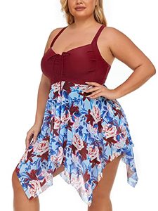 lot 24874 image: MiYang Plus Size One Piece Swimsuit for Women High Waist Swim Dress Vintage Skirt Bathing Suit Burgundy Bloom Size 22